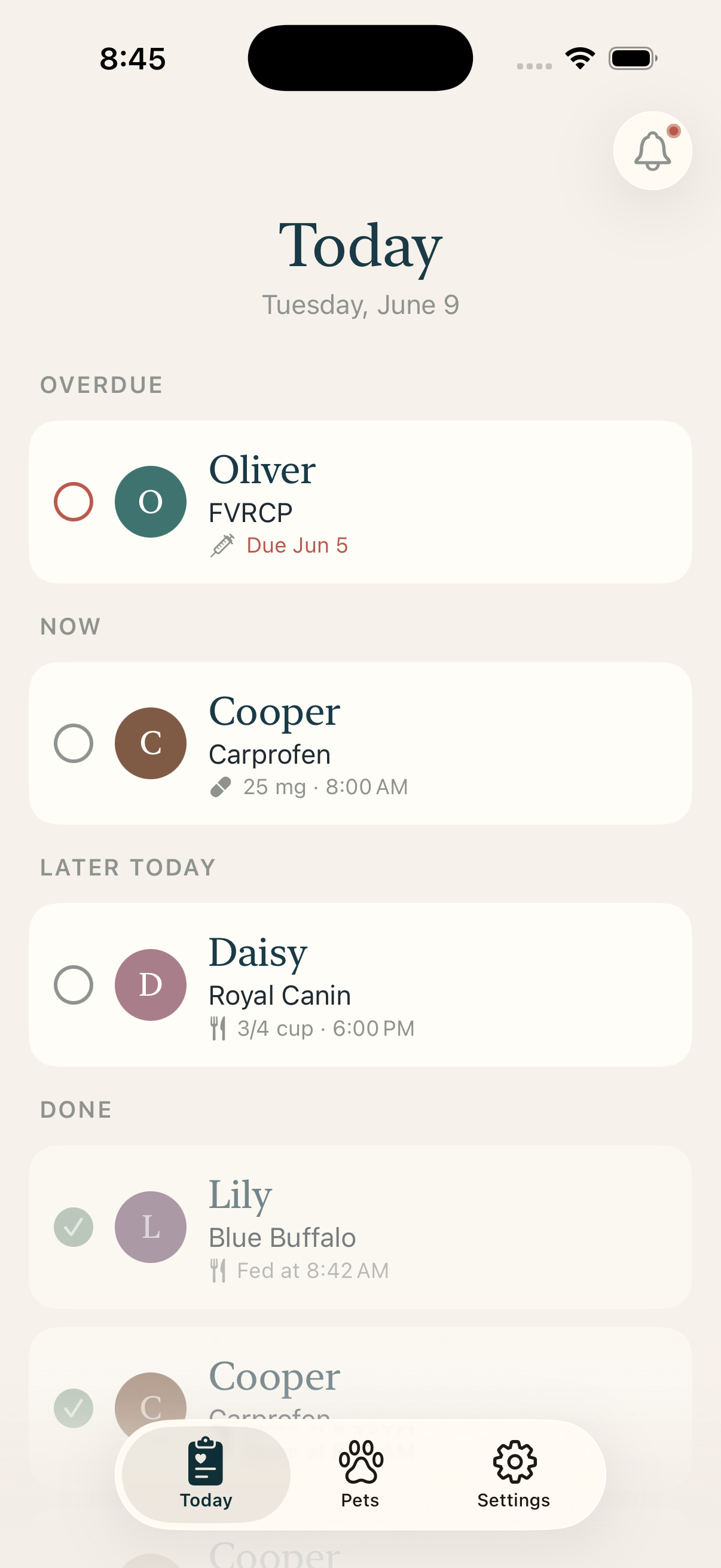 WellKept Pet Today screen showing the day's medications, feedings, and vaccines grouped by status